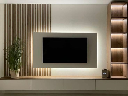Custom media wall project completed by Sixty7 Interiors in Peterborough